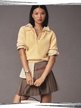 ANTHROPOLOGIE FLAT WHITE Tan Pleated Mini Skort with Belt Loops Women's Size M